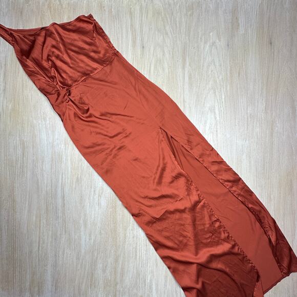 Missguided Rust Orange Satin One Shoulder Draped Slit Midi Cocktail Dress 4 - Picture 9 of 14